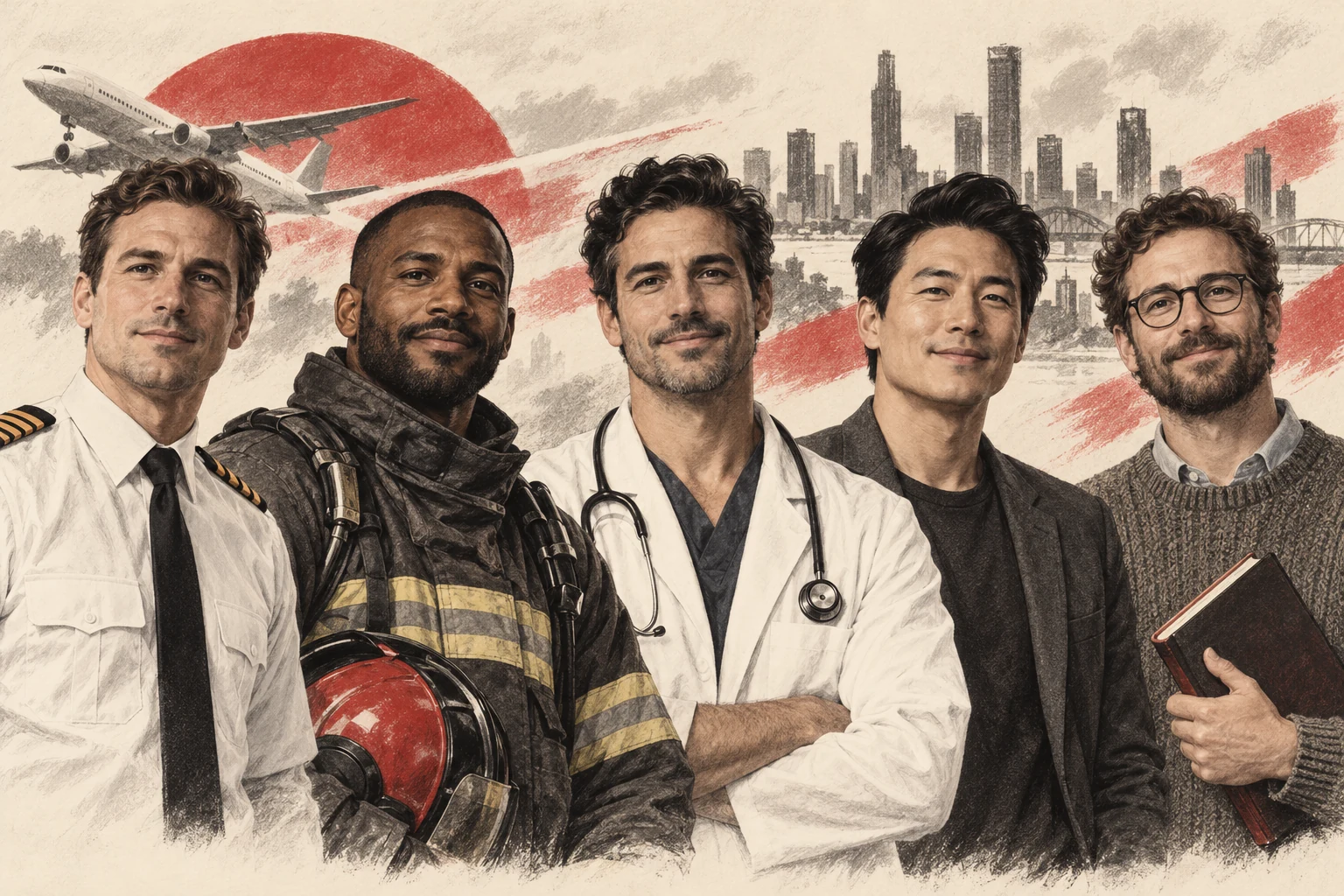 Editorial illustration of a pilot, firefighter, doctor, entrepreneur, and teacher